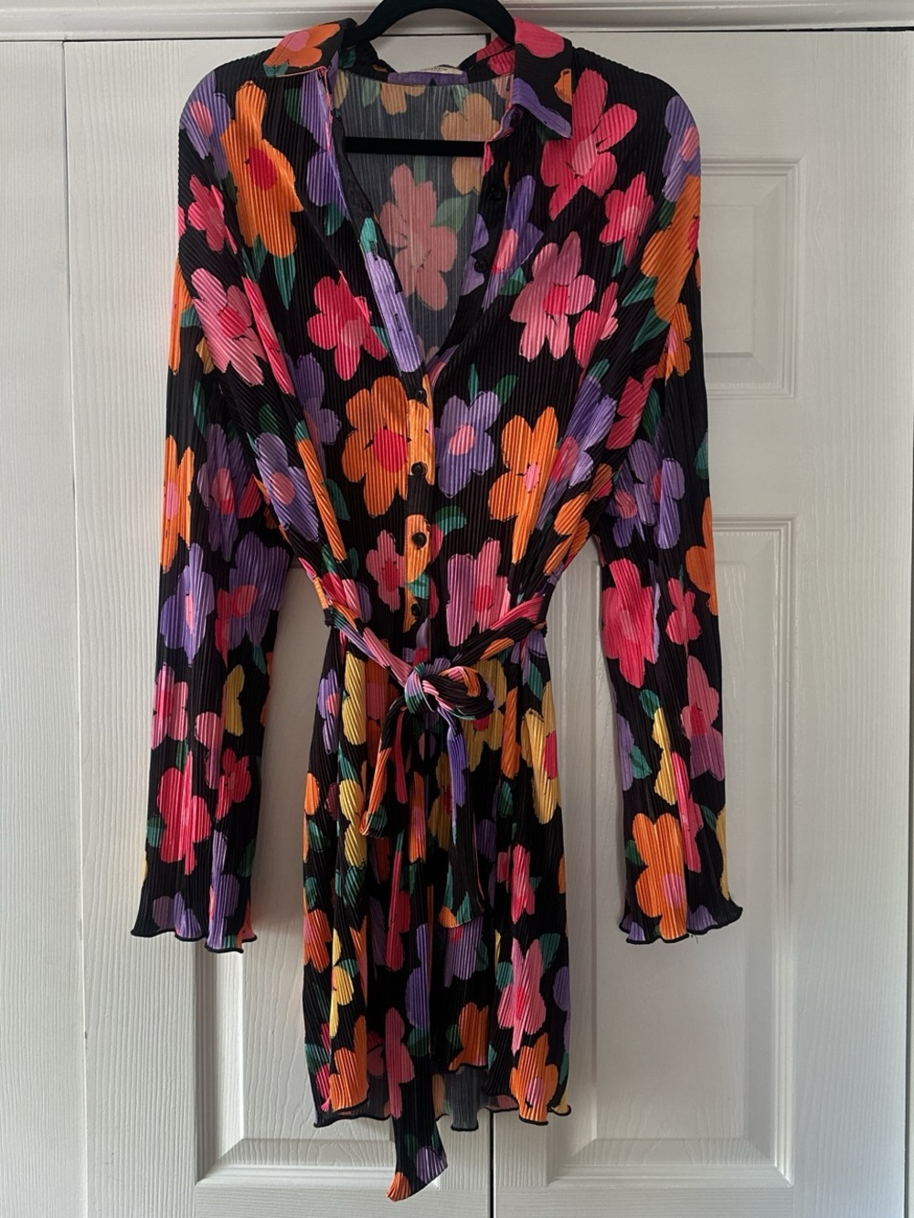 Peppermayo Floral Pleated Black Tie-Waist Shirt Dress - Pink, Orange & Purple